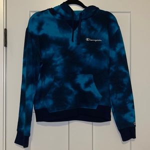 Champion (small) tie-dye blue and black hooded sweatshirt